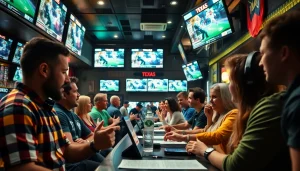 Engaged bettors analyzing sportsbooks in Texas during a lively sports event.