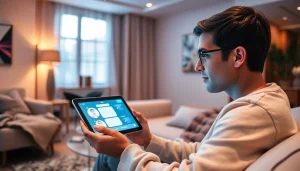 A person engages in a conversation with a sexting AI in a modern living space, highlighting technology in intimate interactions.