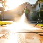 Concrete cleaning in Kissimmee FL – pressure washing crew revitalizing a driveway