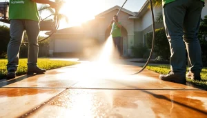 Concrete cleaning in Kissimmee FL – pressure washing crew revitalizing a driveway