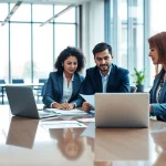 Showcase the professionalism of executive assistant training through engaged individuals in a modern office.