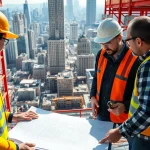 New York General Contractor examining blueprints at a construction site with city skyline.