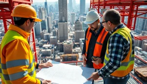 New York General Contractor examining blueprints at a construction site with city skyline.