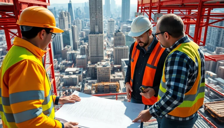 New York General Contractor examining blueprints at a construction site with city skyline.