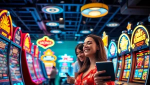 Situs kode4d vibrant online gaming scene with colorful slot machines and engaged players.