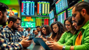 Engaged bettors using sportsbooks in California, vibrant atmosphere highlighting sports wagering excitement.