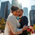 Capture of a wedding couple by a photography company edmonton conveying joy and love in an urban setting.