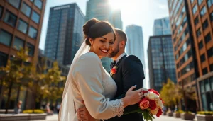 Capture of a wedding couple by a photography company edmonton conveying joy and love in an urban setting.
