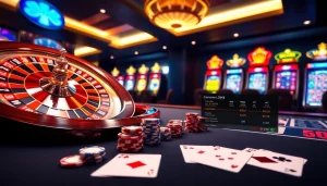 Engaging scene showcasing lc88 bio at a glamorous casino with poker chips and roulette wheel.