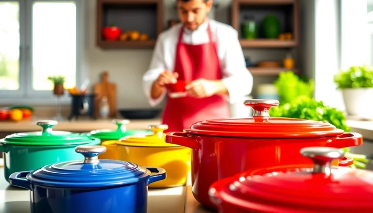 Find where to buy Le Creuset in NZ with vibrant cookware displayed in a modern kitchen.