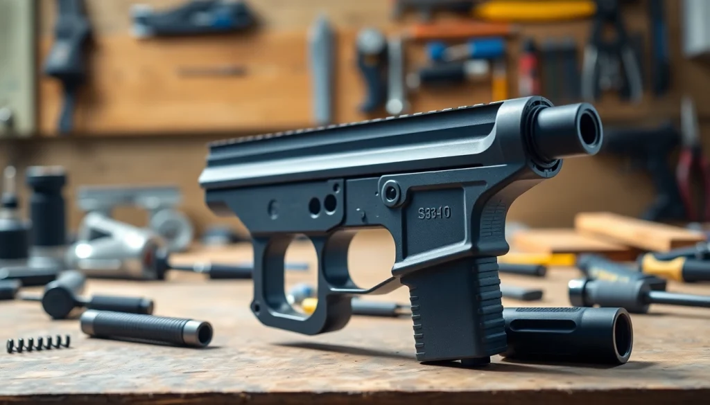 Showcasing the polymer80 pf940v2 full-size frame kit on a workbench, highlighting its craftsmanship and design.