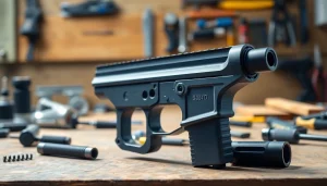 Showcasing the polymer80 pf940v2 full-size frame kit on a workbench, highlighting its craftsmanship and design.