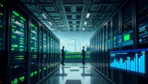 Innovative crypto cloud mining setup with AI optimization and renewable energy sources.