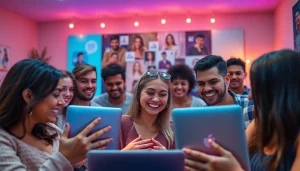 Engaging individuals in a cozy virtual sex chat room, showcasing excitement and diversity.