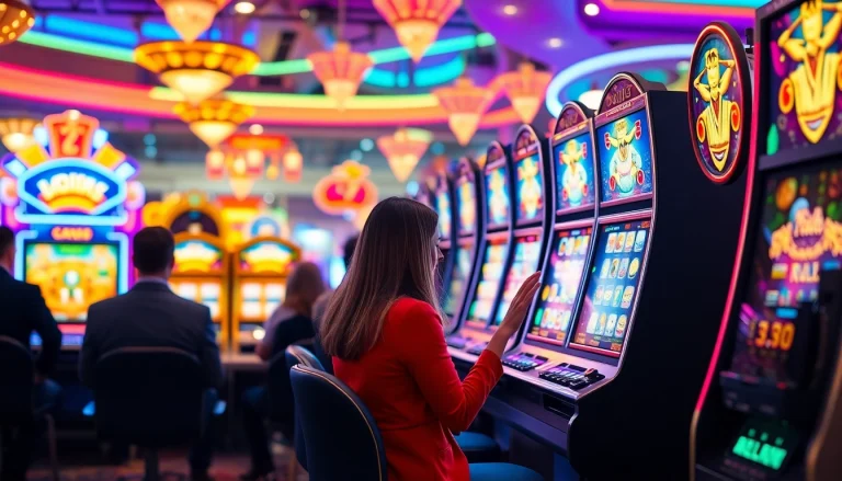 Menampilkan pemain yang menikmati slot depo pulsa dalam suasana kasino yang cerah dan penuh warna.