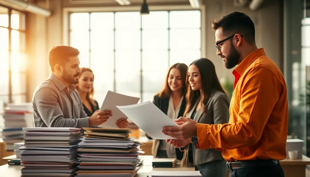 Consultants collaborating on strategies for Pre and post award compliance. in a bright office