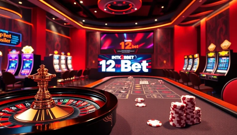 Experience the thrill of ink vao 12bet with a luxurious digital casino showcasing vibrant roulette wheels and poker tables.