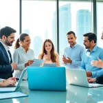 Engaging conversation among Business Consultants in Dubai in a modern office setting.