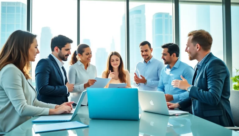 Engaging conversation among Business Consultants in Dubai in a modern office setting.