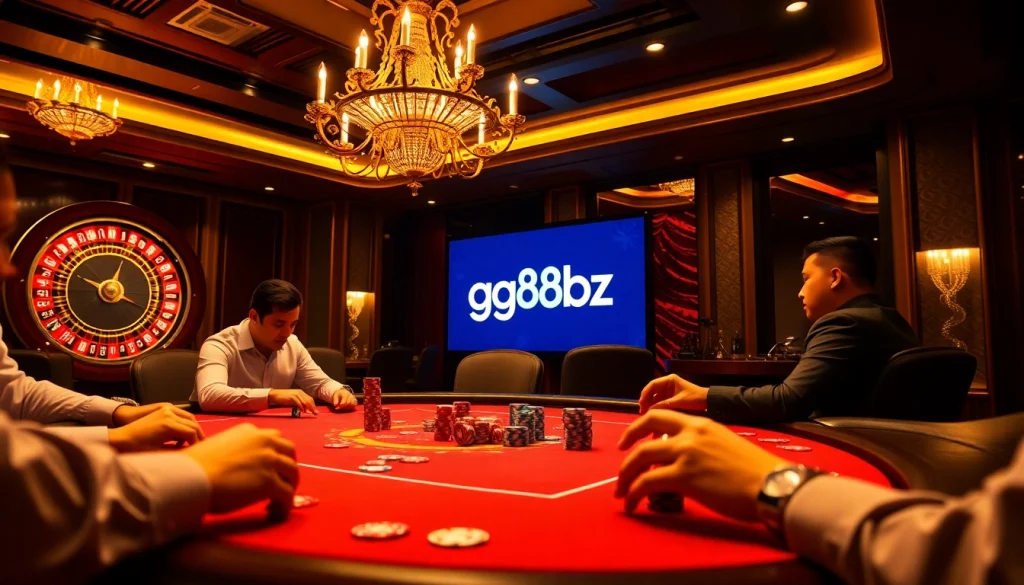 Engaging poker players at a luxury casino table featuring gg88bz logo, with glittering chips and cards.