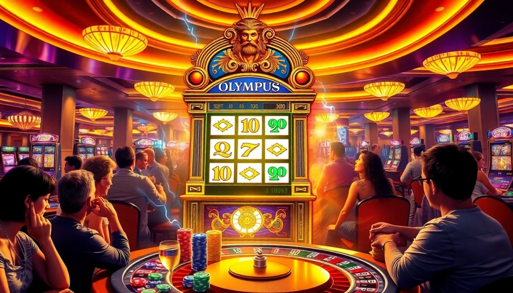 Engaging players enjoy the Olympus slot machine with vibrant lighting effects and casino excitement.