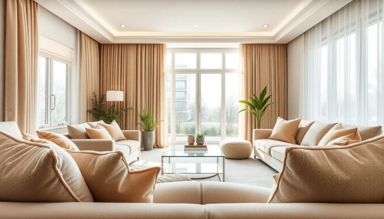 Verduisterende gordijnen die elegant een woonkamer accentueren en privacy bieden.