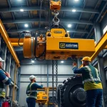 Electric chain hoist crane lifting heavy machinery in an industrial warehouse.