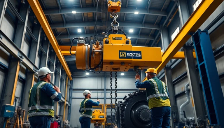 Electric chain hoist crane lifting heavy machinery in an industrial warehouse.