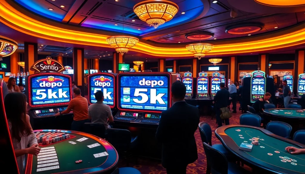 Excited players engaging with slot machines labeled depo 5k in a vibrant casino setting.