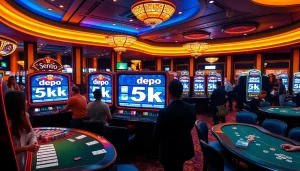Excited players engaging with slot machines labeled depo 5k in a vibrant casino setting.