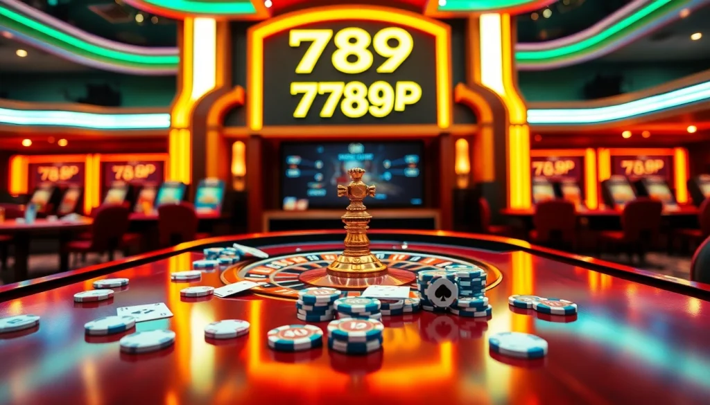 Experience thrilling gameplay at 789 P with an elegant casino scene of poker chips and roulette.