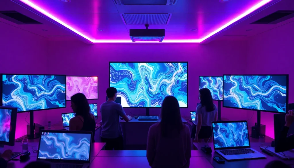 Engaging users explore the creative possibilities of NSFW AI art platforms in a high-tech workspace.