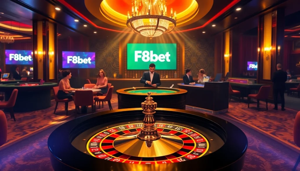 Players enjoying F8bet games at a luxurious casino table with vibrant poker chips and cards.