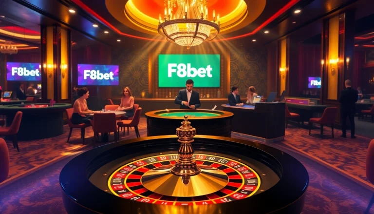 Players enjoying F8bet games at a luxurious casino table with vibrant poker chips and cards.