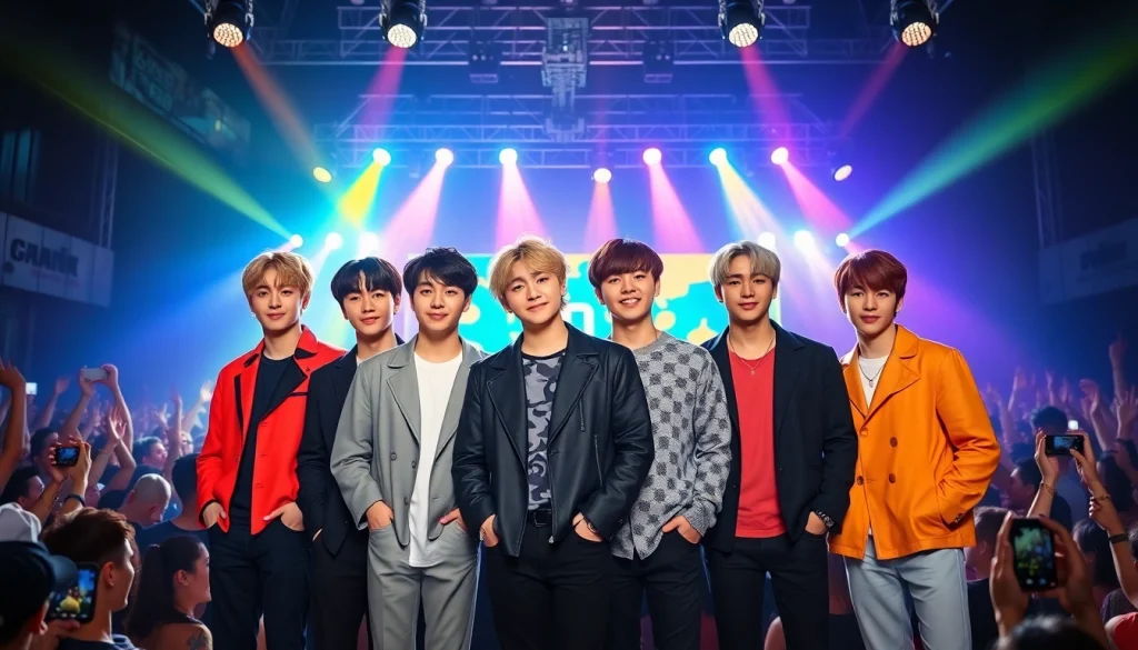 Engaging photo of BTS members in concert, capturing lively atmosphere and fans.