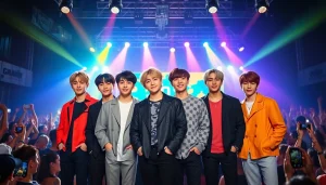 Engaging photo of BTS members in concert, capturing lively atmosphere and fans.
