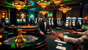 Experience high-stakes gambling at GO8 with vibrant tables, roulette wheels, and winning players.