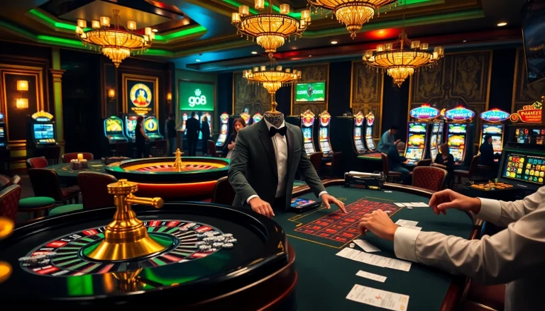 Experience high-stakes gambling at GO8 with vibrant tables, roulette wheels, and winning players.