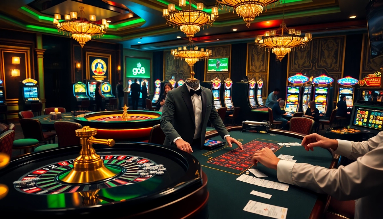 Experience high-stakes gambling at GO8 with vibrant tables, roulette wheels, and winning players.