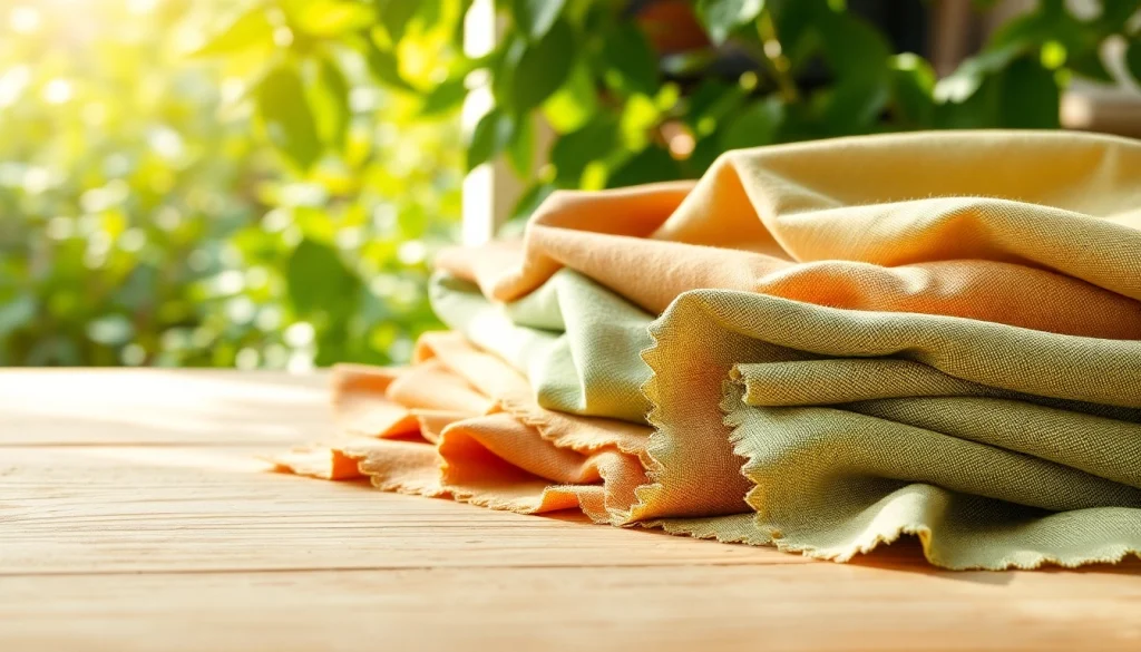 Ontdek duurzame stoffen assortiment waaronder kleurrijke katoenen materialen op een houten tafel.