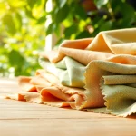 Ontdek duurzame stoffen assortiment waaronder kleurrijke katoenen materialen op een houten tafel.