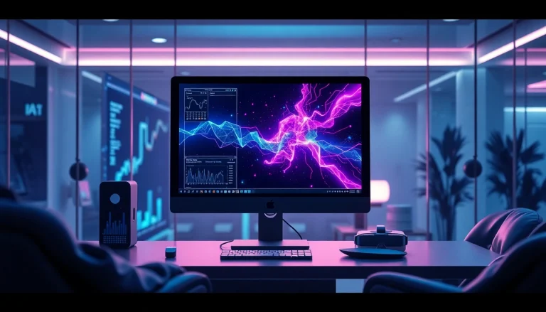 Engaging workspace showcasing innovative nsfw ai technology with vibrant AI art on screen.