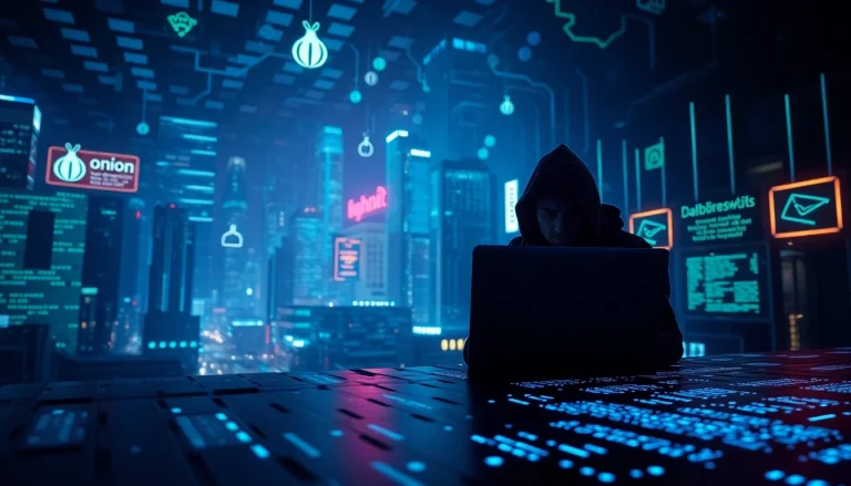 Visual representation of the hidden wiki onion concept in a glowing, digital underground city.