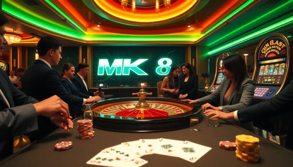 Players engaging in thrilling MK 8 casino games, surrounded by poker chips and a roulette wheel.