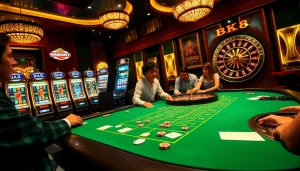 Experience thrilling action at BK8 casino with players enjoying blackjack and vibrant slot machines