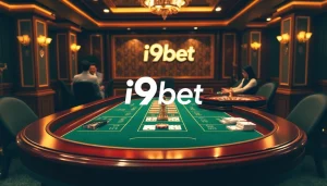 Experience high-stakes action at the i9bet casino table with poker chips and cards.