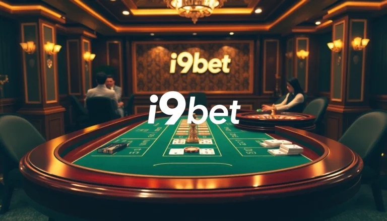 Experience high-stakes action at the i9bet casino table with poker chips and cards.