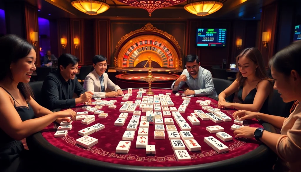 Players engaging in Mahjong Ways 2 at a luxurious casino table, showcasing excitement and strategy.