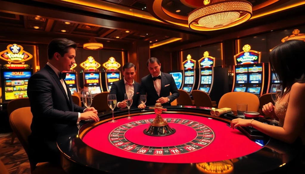 S88vip gamblers celebrating a big win at a luxurious roulette table with vibrant colors.