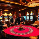 S88vip gamblers celebrating a big win at a luxurious roulette table with vibrant colors.